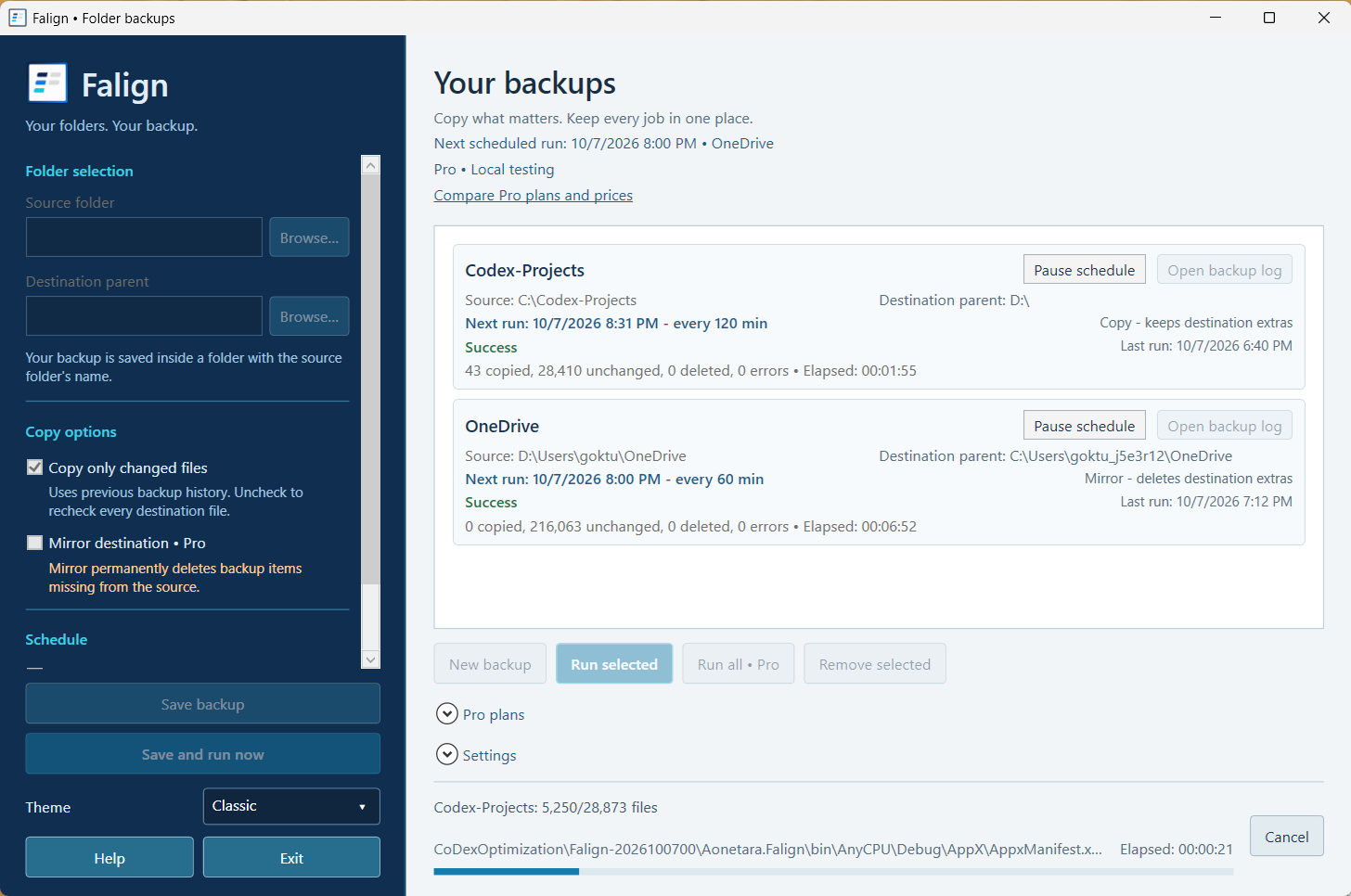 Falign folder selection and saved backup jobs