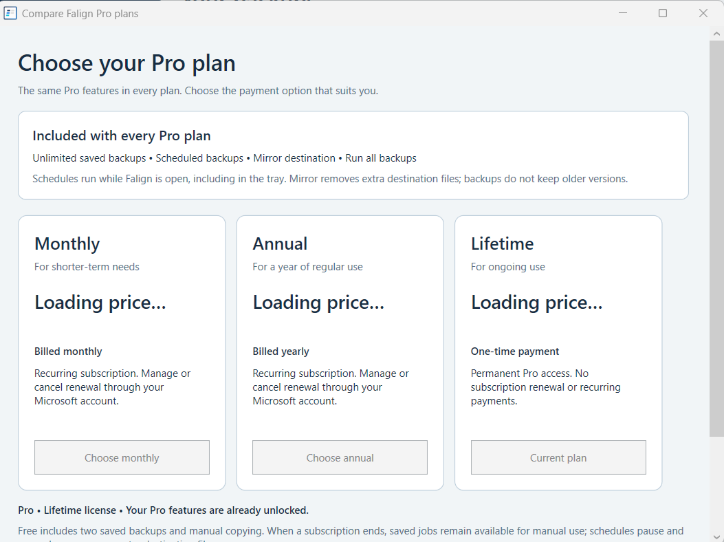 Falign Pro plan comparison with monthly, annual, and lifetime options; prices are loading